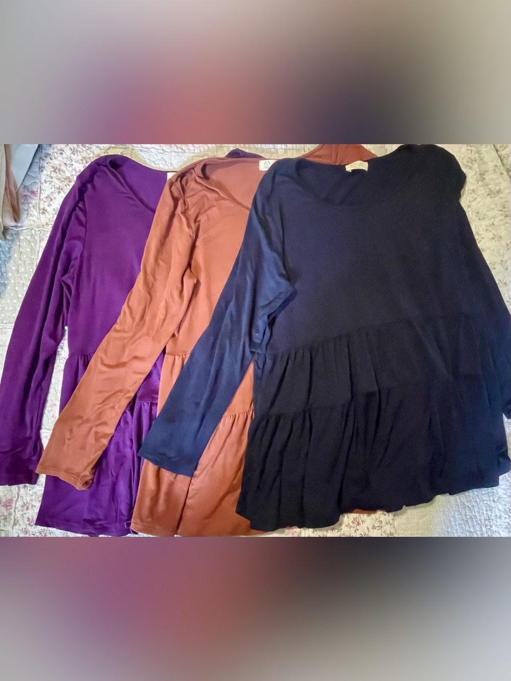 Long-Sleeve Tiered Dress in Navy, Rust, and Purple